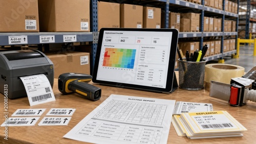 Warehouse operations involve data tracking and inventory management with devices, documents, and labels on a workspace near storage boxes