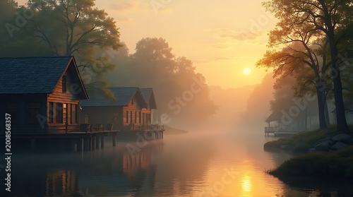 rural riverside village at sunrise with wooden houses on stilts calm water reflections soft mist warm golden light wide open sky large 