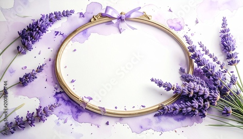 Beautiful oval gold frame decorated with fresh lavender flowers and elegant silk ribbon on a soft purple watercolor background texture.