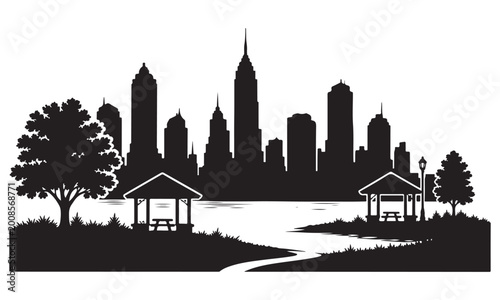 Quadro su tela Urban waterfront park silhouette, waterfront park skyline, urban, vector isolate