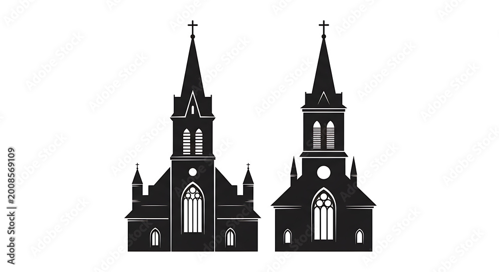 Obraz premium Black and white of two symmetrical churches with tall spires and arched windows building architecture