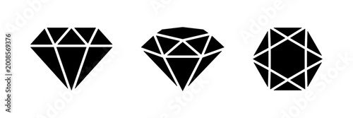 Diamond 3d icon black silhouette, front view, isometric, top view. Vector