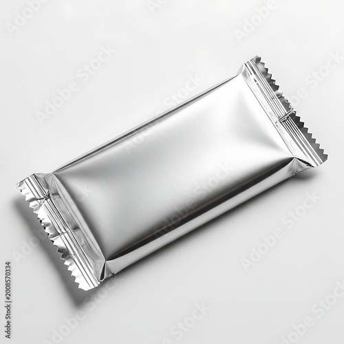 Shiny foil-wrapped rectangular food packet on a plain background