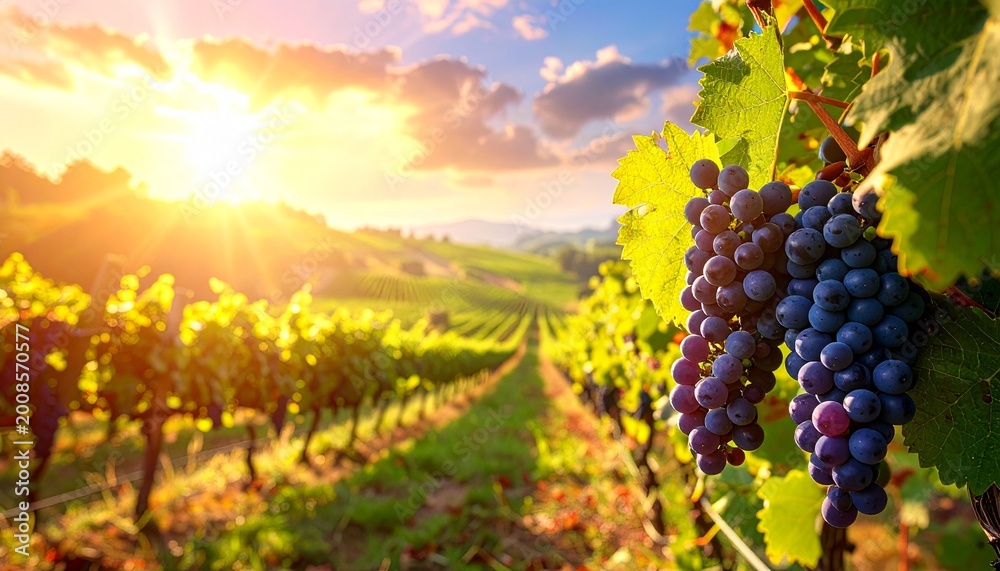 Naklejka premium A beautiful view of a lush vineyard at sunrise with vibrant clusters of ripe purple grapes hanging on the vines in the warm morning light.