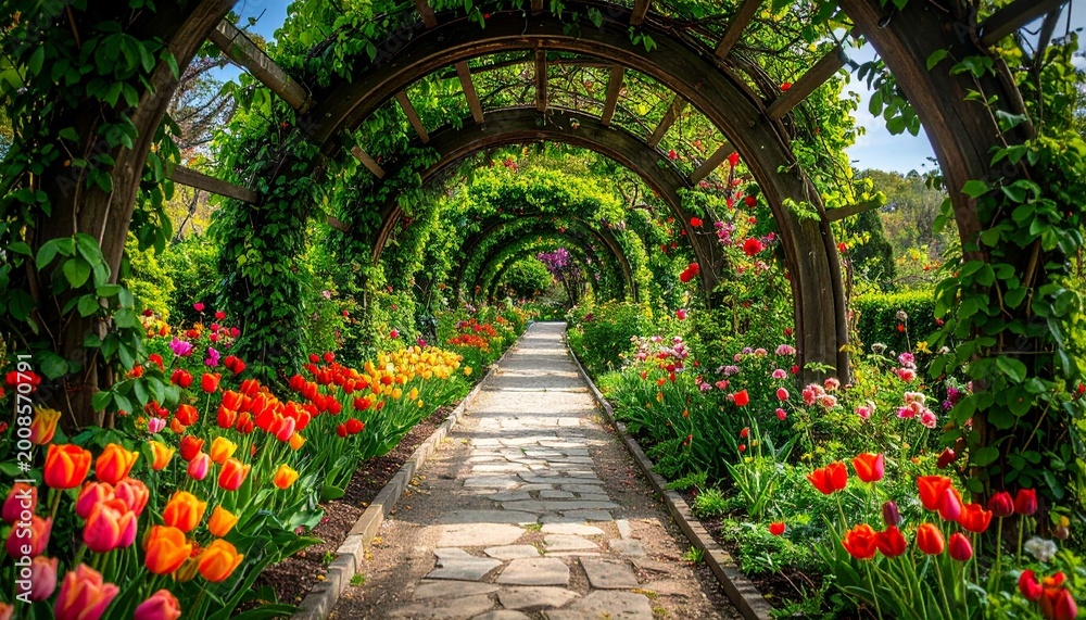 Fototapeta premium A stunning wooden garden arbor tunnel filled with vibrant colorful spring tulips and blooming flowers along a stone pathway in a park setting.
