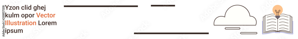 Fototapeta premium Online learning, cloud storage, data sharing, innovation, education, brainstorming. Open book with lightbulb icon, cloud graphics. Education and cloud storage knowledge-sharing and innovation