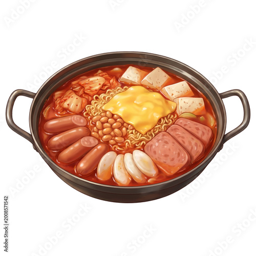 Korean Budae Jjigae Watercolor Clipart – Spicy Army Stew Illustration PNG