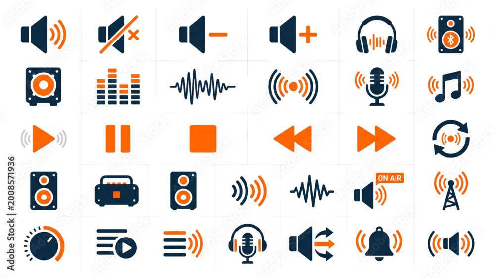 Fototapeta premium Audio Icons in Array: A comprehensive collection of audio icons, meticulously crafted to represent various sound-related functions and elements, creating visually appealing set.