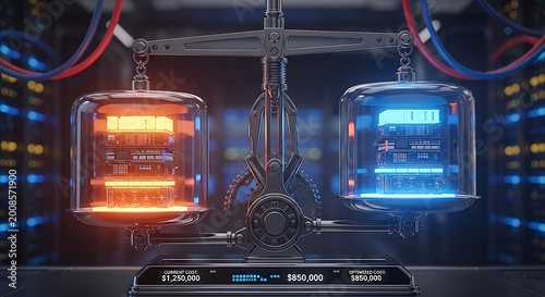 Conceptual 3D Illustration of Mechanical Balance Scales Weighing Glowing Orange & Blue Digital Server Units in Glass Cases with Complex Wiring and Gear Mechanisms Inside a Dark Server Room Laboratory
