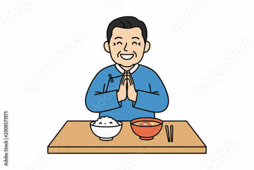 Obraz na płótnie Senior Asian man praying before eating meal on white background
