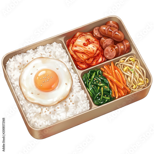 Korean Lunch Box PNG Clipart – Dosirak with Rice, Egg, Kimchi and Side Dishes, Korean Meal Illustration
