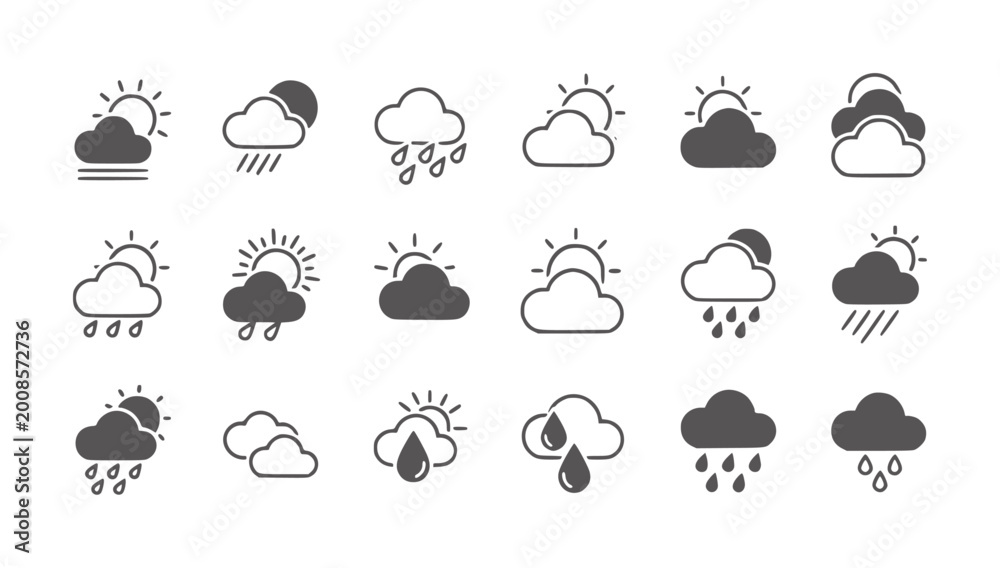 Obraz premium Collection of weather showing sun clouds and rain forecast