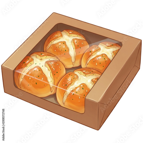 Korean Garlic Cream Bread PNG – Sweet Garlic Bread in Box, Bakery Clipart Transparent Background