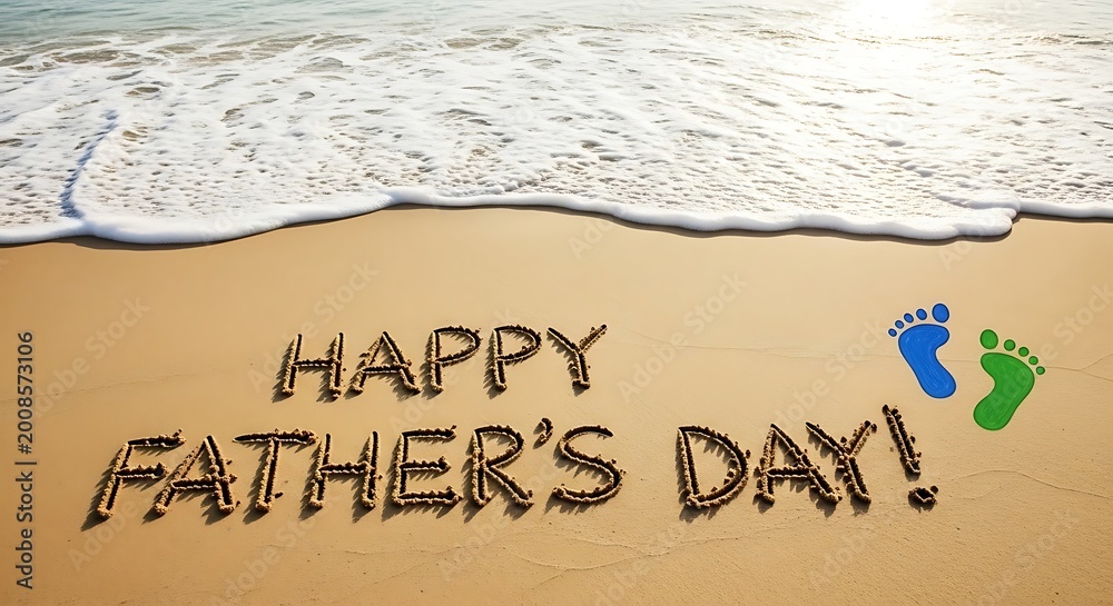 Fototapeta premium Happy fathers day text written on wet sand at the beach with colorful baby footprints next to the ocean waves on a sunny summer day
