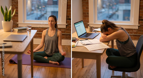 Split scene of a woman practicing calm meditation and feeling overwhelmed at her desk, illustrating balance between mindfulness and work stress at home.