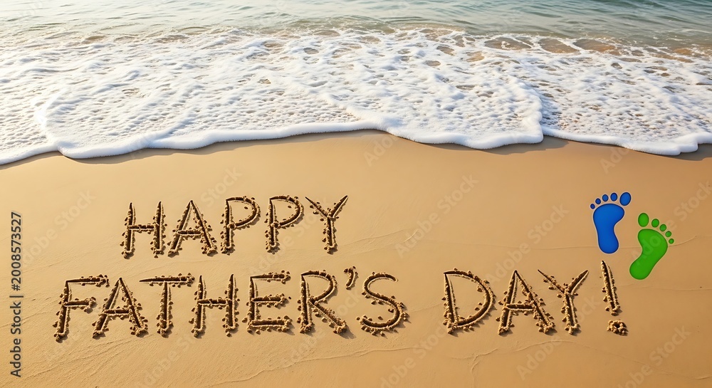 Fototapeta premium Happy fathers day text written on wet sand at the beach with colorful baby footprints beside the ocean water washing up on the shore