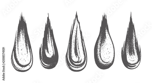 Five dark grey ink brush stroke teardrop shapes with textured fill