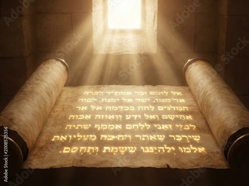Ancient Scroll with Hebrew Text Illuminated by Light