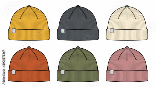 Vector collection of six ribbed beanie hats in diverse colors with blank labels, illustrating fashion design templates and representing apparel product mockups