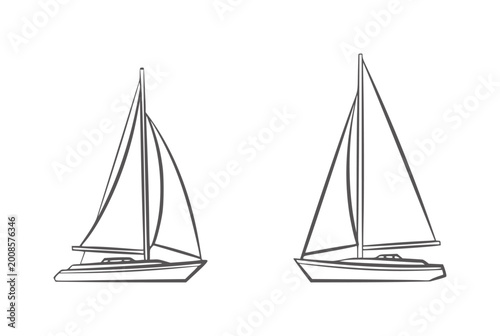 Schilderij op canvas Two sailboats with sails outlined in dark grey a white sailing watercraft vessel
