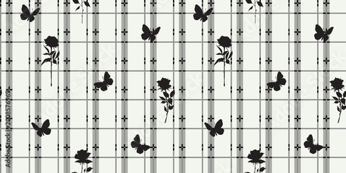 Schilderij op canvas Gothic Plaid Seamless Pattern with Black Butterfly Silhouettes and Roses on Cream Background