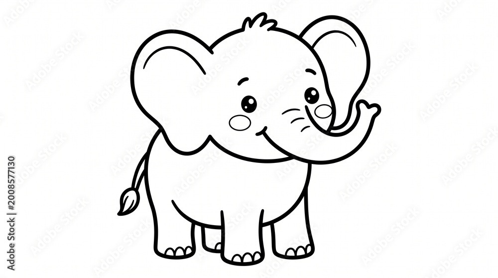 Fototapeta premium ute elephant for kids coloring page, simple outline drawing, big ears, smiling, black and white, thick lines, easy to color, no background