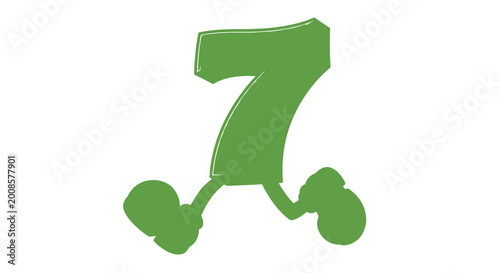 Bilde på lerret Green cartoon number seven with legs and arms running quickly across