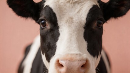 A serene black and white cow with a gentle expression stands against a soft pink background, evoking feelings of rural tranquility and farm-fresh dairy products.