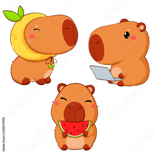 Baby collection of little capybara in different poses. Sweet baby animal in kawaii style. Set of cute cartoon pet. Can be used for t-shirt print, sticker, badge, greeting card design. Vector EPS8