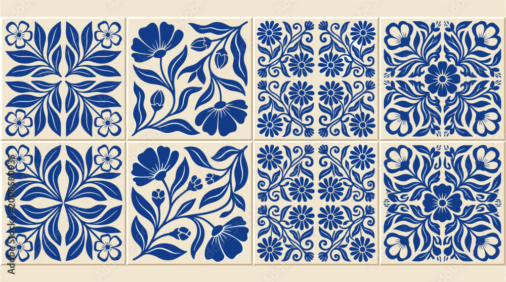 Obraz premium Portuguese ceramic tile pattern with blue floral ornaments on beige background traditional mediterranean artwork.