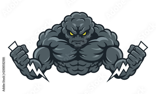 Storm cloud monster mascot holding lightning bolts vector