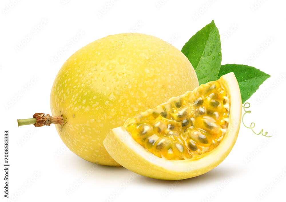 Fototapeta premium Yellow passion fruit with slice isolated on white background.