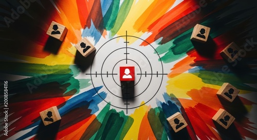 Targeted person silhouette in colorful abstract background with crosshairs