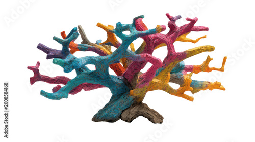 Colorful abstract coral shaped wooden sculpture isolated, vibrant painted branches art object for modern decor, creative design element and artistic concept on White background