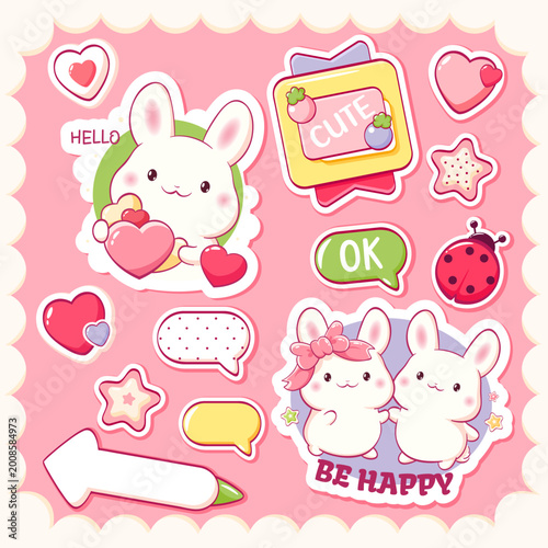Vector Set of sticker in kawaii style. Cute eye-catching tag, label with little bunny, heart, speech bubble. Collection of cozy sticker. Can be used for t-shirt print, sticker, badge, greeting card