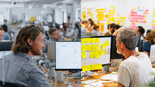 Vibrant office environment with employees collaborating and sharing ideas, surrounded by computers and sticky notes, fostering creativity and teamwork