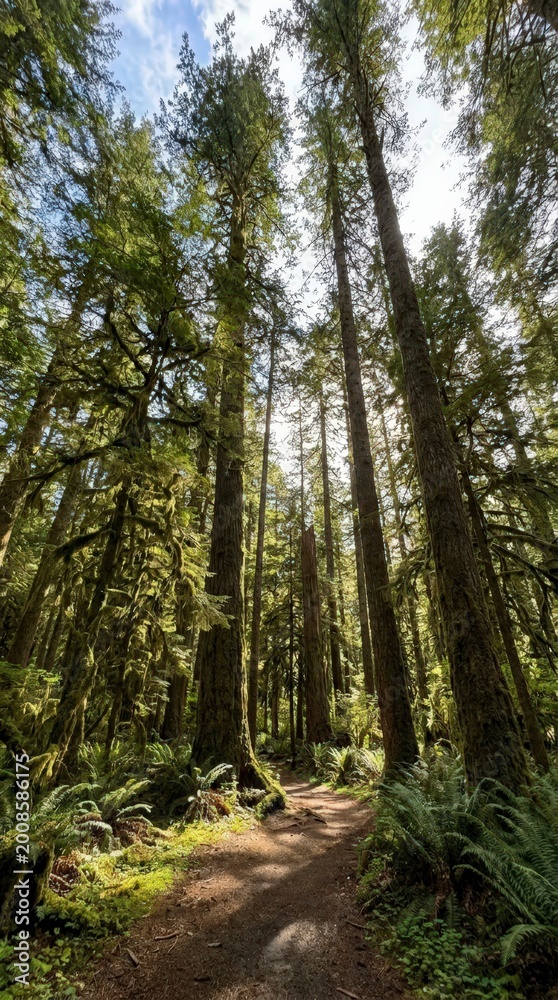 Fototapeta premium Forest path winding through tall trees and ferns