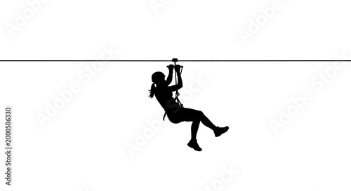 Active woman silhouette participating in a fast zipline adventure activity, minimalist black vector profile of a female person on a cable wire, isolated on white background flat icon graphic.