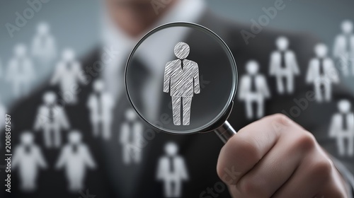A businessman examines a magnified figure symbolizing recruitment and talent identification, emphasizing the importance of detail in hiring processes.