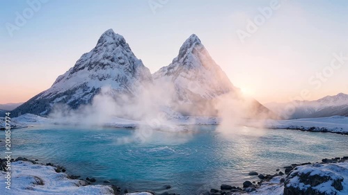 Steaming Geothermal Pool in Snowy Mountain Landscape at Sunrise.