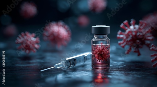 A close-up image of a vaccine vial and syringe showcasing a creative representation of the virus. Ideal for medical and health-related themes.
