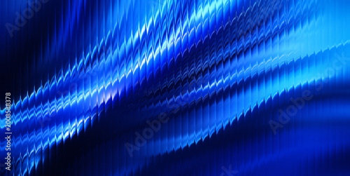 Tableau sur toile Abstract background with deep blue liquid metal glass waves, glossy reeded ribbe