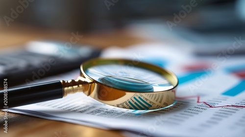 A close-up of a magnifying glass resting on financial charts, emphasizing detailed analysis and data interpretation in the business environment.