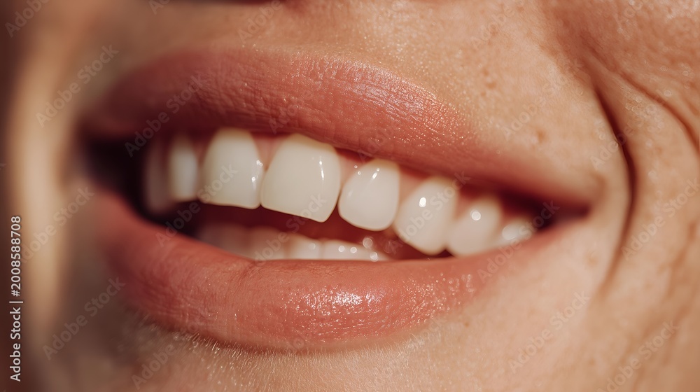 Naklejka premium A close-up of a smiling mouth showcasing healthy white teeth and well-maintained lips, radiating joy and confidence, perfect for dental health themes.