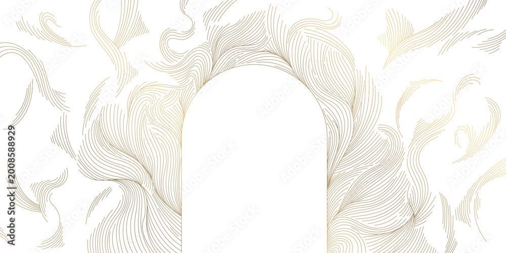 Obraz premium Luxury gold wave pattern, elegant thin lines arch frame on whited background. Japanese vector design, Art Deco and Art Nouveau elements with flowing ocean curves, wine label, perfume packaging, invita