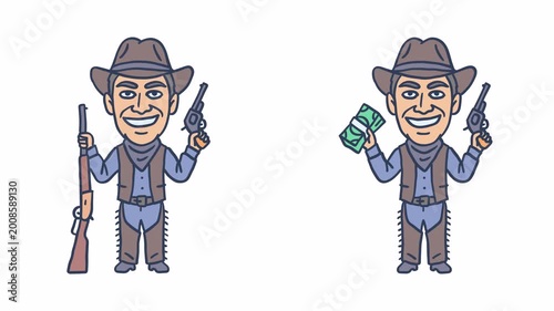 Smiling cowboy holding revolver gun and wad of money. Transparent background