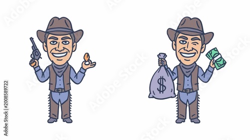 Smiling cowboy holding revolver gold and money. Transparent background