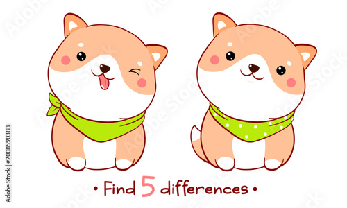 Educational Game for Kids with cute dog. Find five Differences Activity For Preschool Children. Find 5 differences education game for kids with funny little shiba inu puppy. Vector illustration EPS8