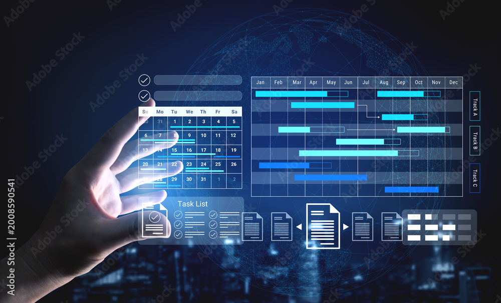 Fototapeta premium Modern digital interface displaying a calendar and project management tools. A hand gestures to interact with the technology against a city skyline backdrop. Gantry