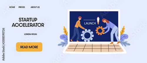 Business team preparing startup launch, assembling gears, rocket on background, teamwork concept.